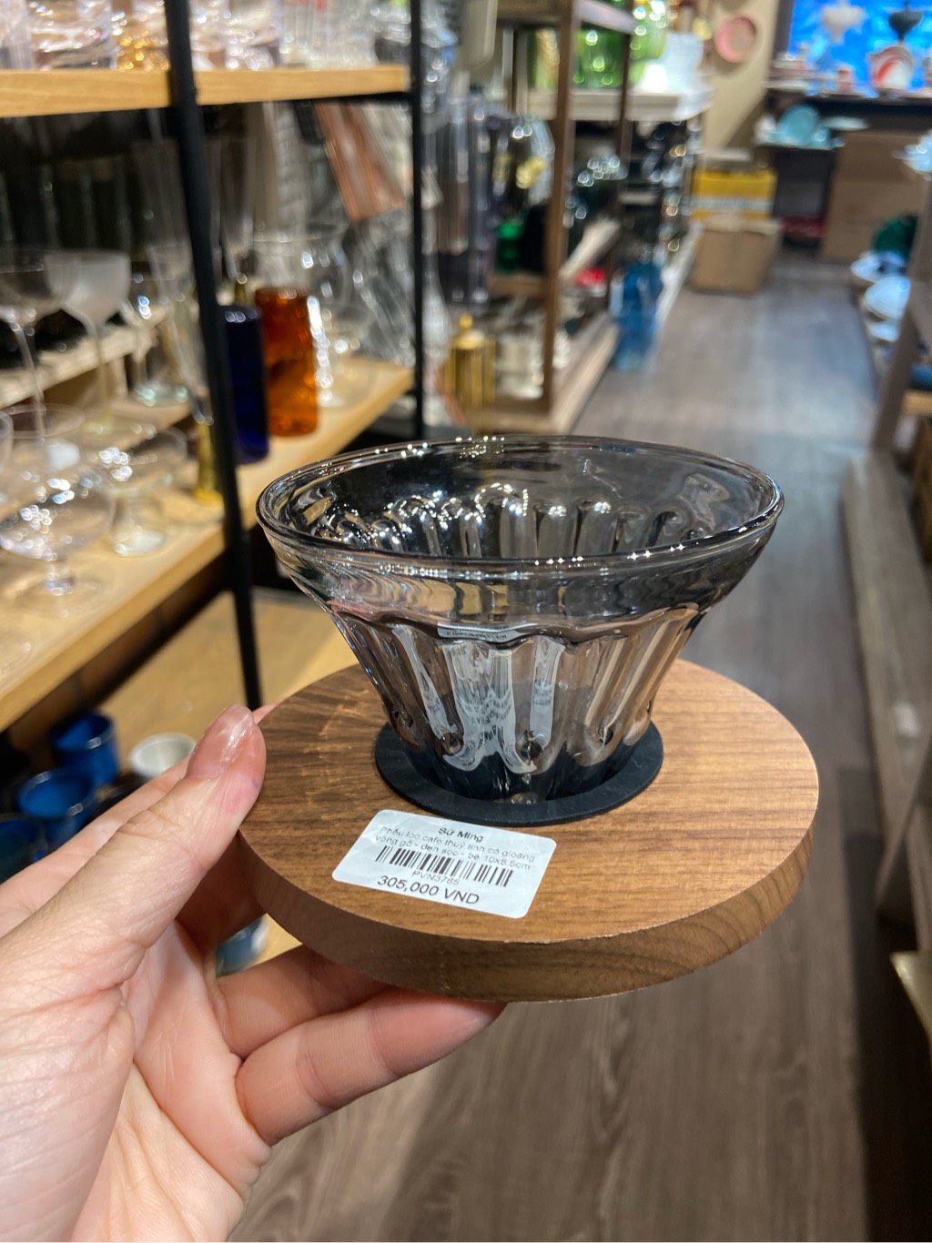 Phễu lọc cafe thuỷ tinh có gioăng vòng gỗ