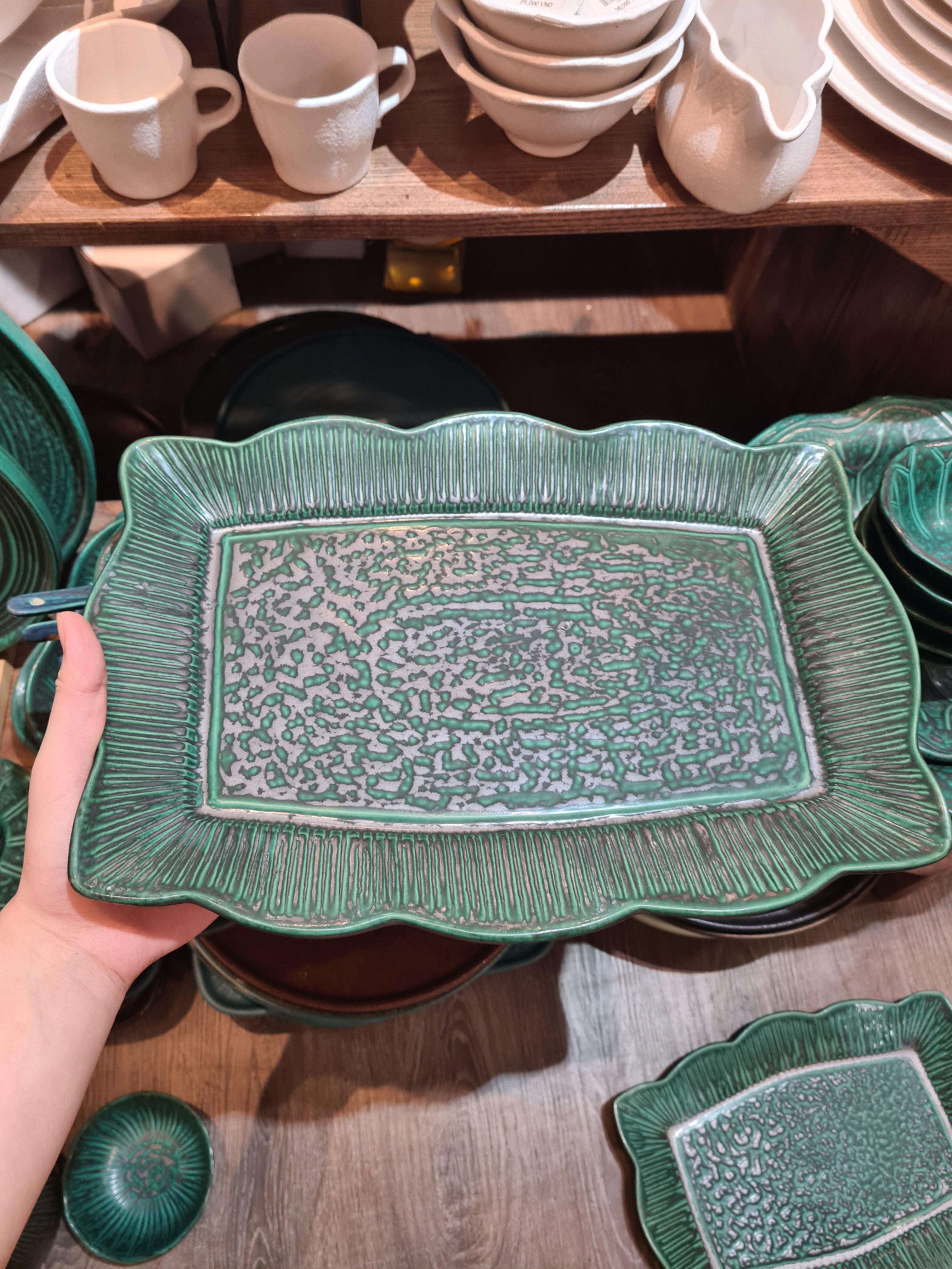 Dĩa chữ nhật sen 36cm xanh Thiên Phúc