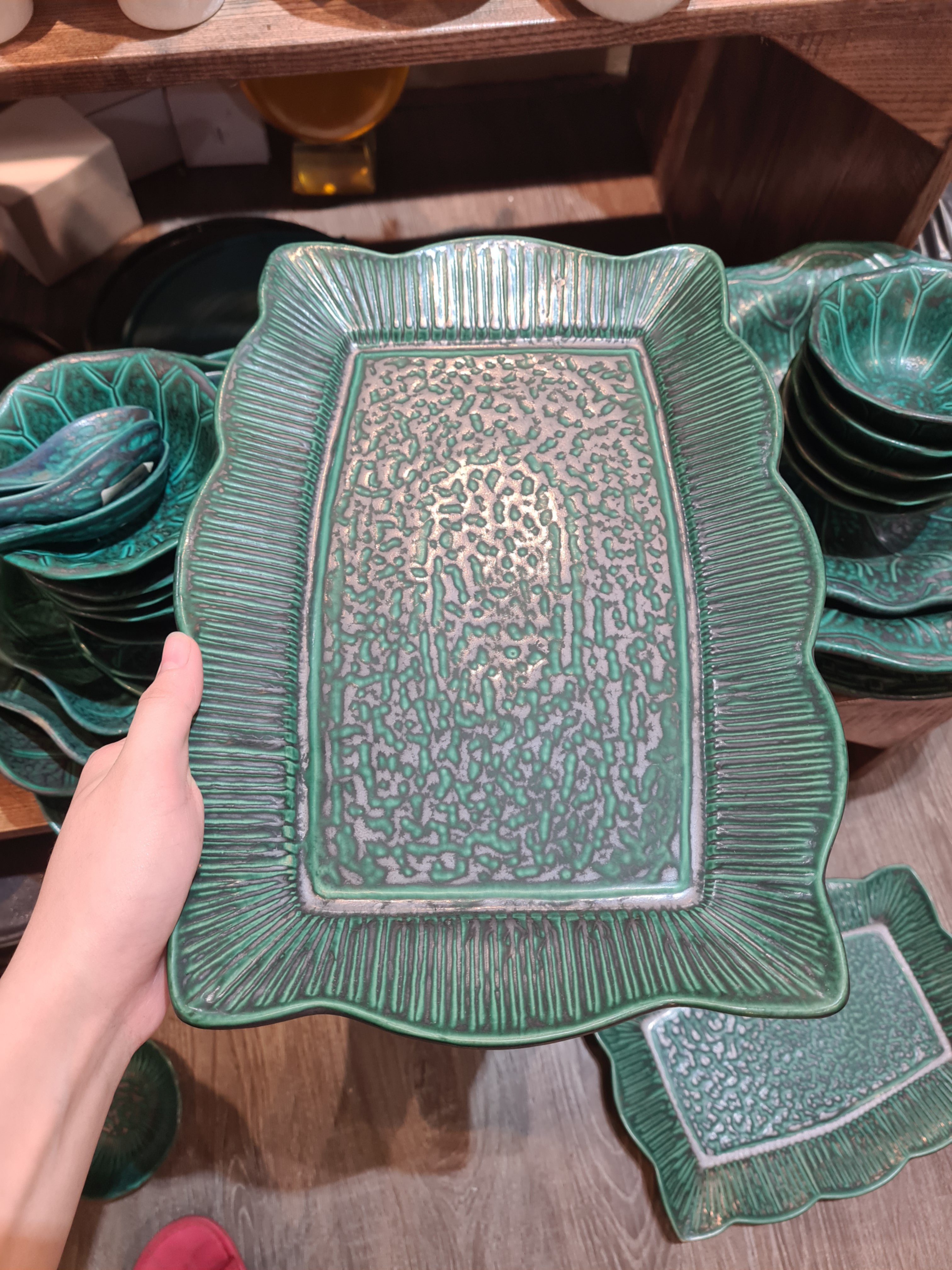 Dĩa chữ nhật sen 36cm xanh Thiên Phúc