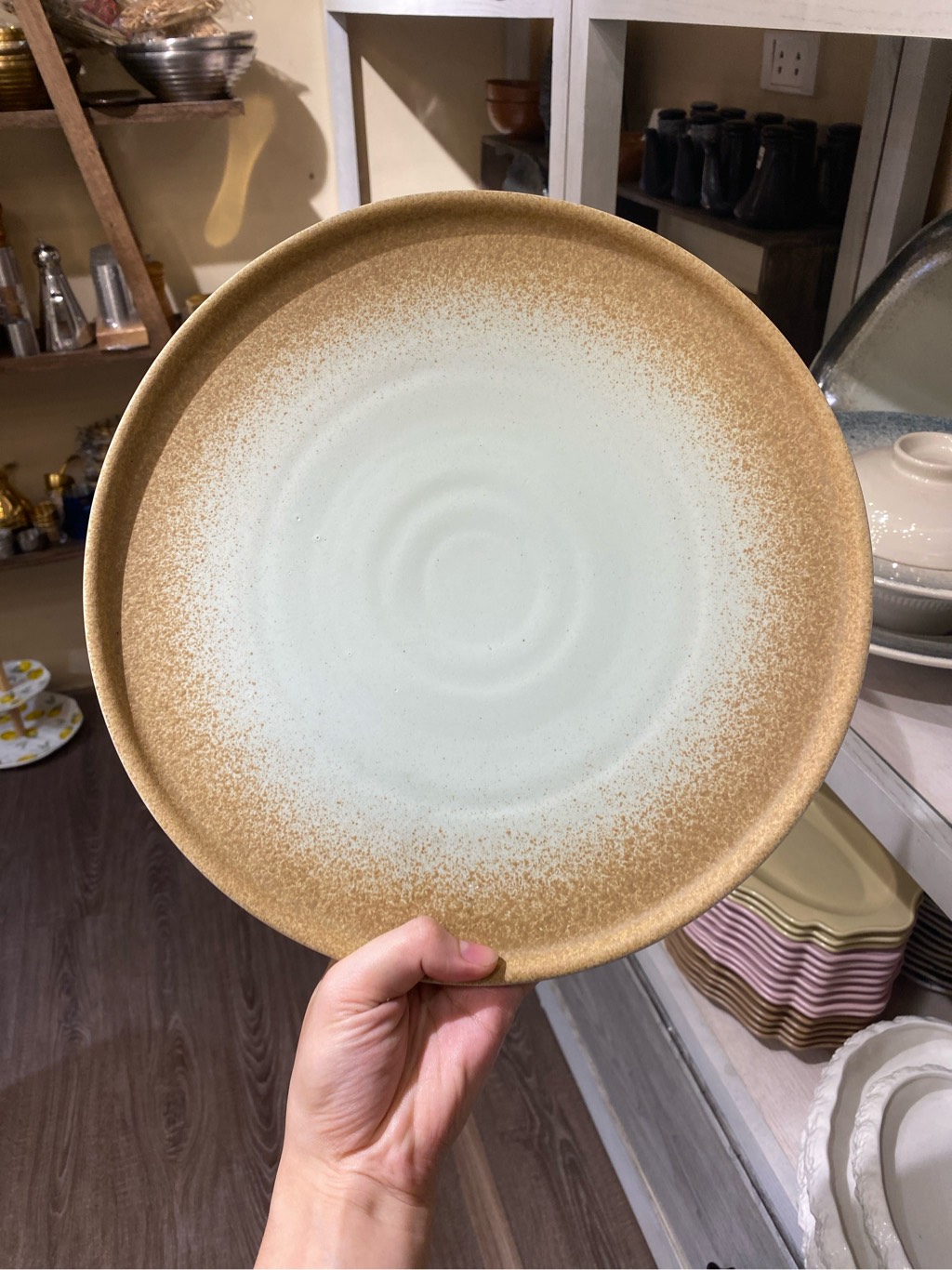 Dĩa tròn vành đứng 30cm Xanh ngọc matte viền nâu (DAS2) (HĐ)