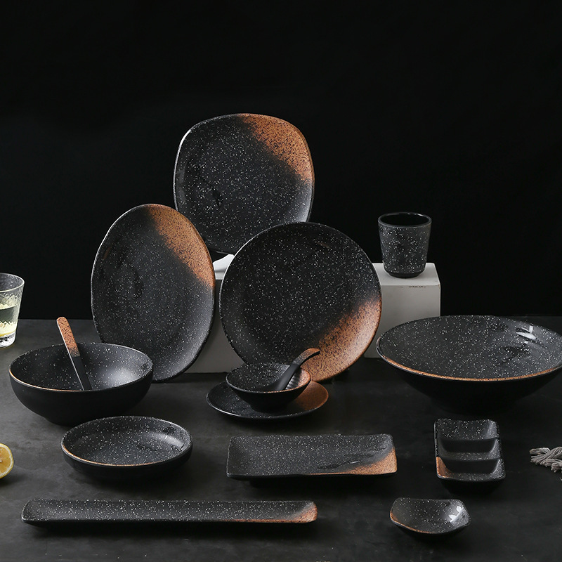 Bát Đĩa Phíp Melamine Đen Viền Cam