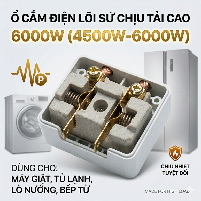Ổ cắm điện cho máy giặt, tủ lạnh chịu tải cao lõi sứ 4500W - 6000W | An toàn chống cháy
