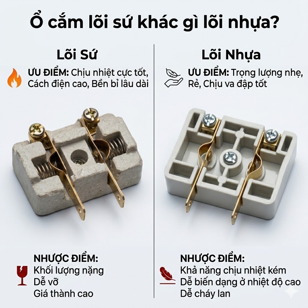 Ổ cắm lõi sứ khác gì lõi nhựa? Loại nào bền và an toàn hơn?