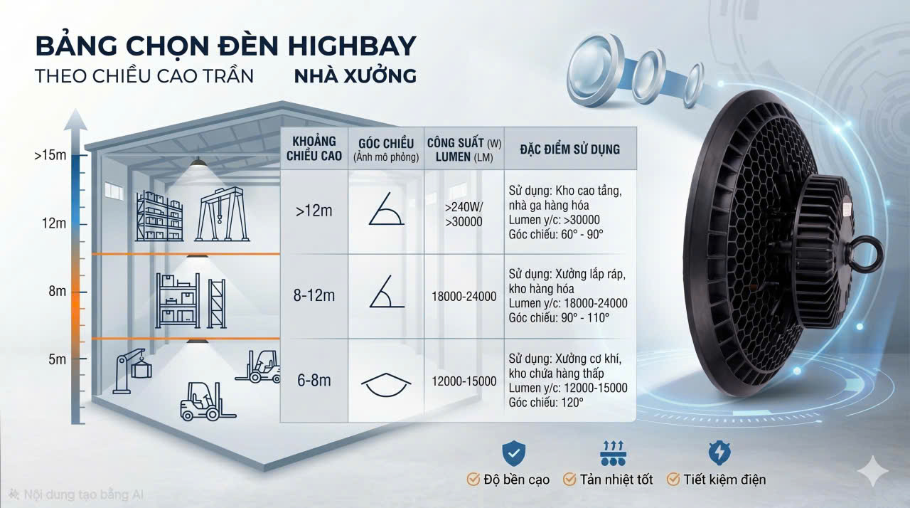 Trần cao bao nhiêu mét nên dùng đèn Highbay bao nhiêu W?