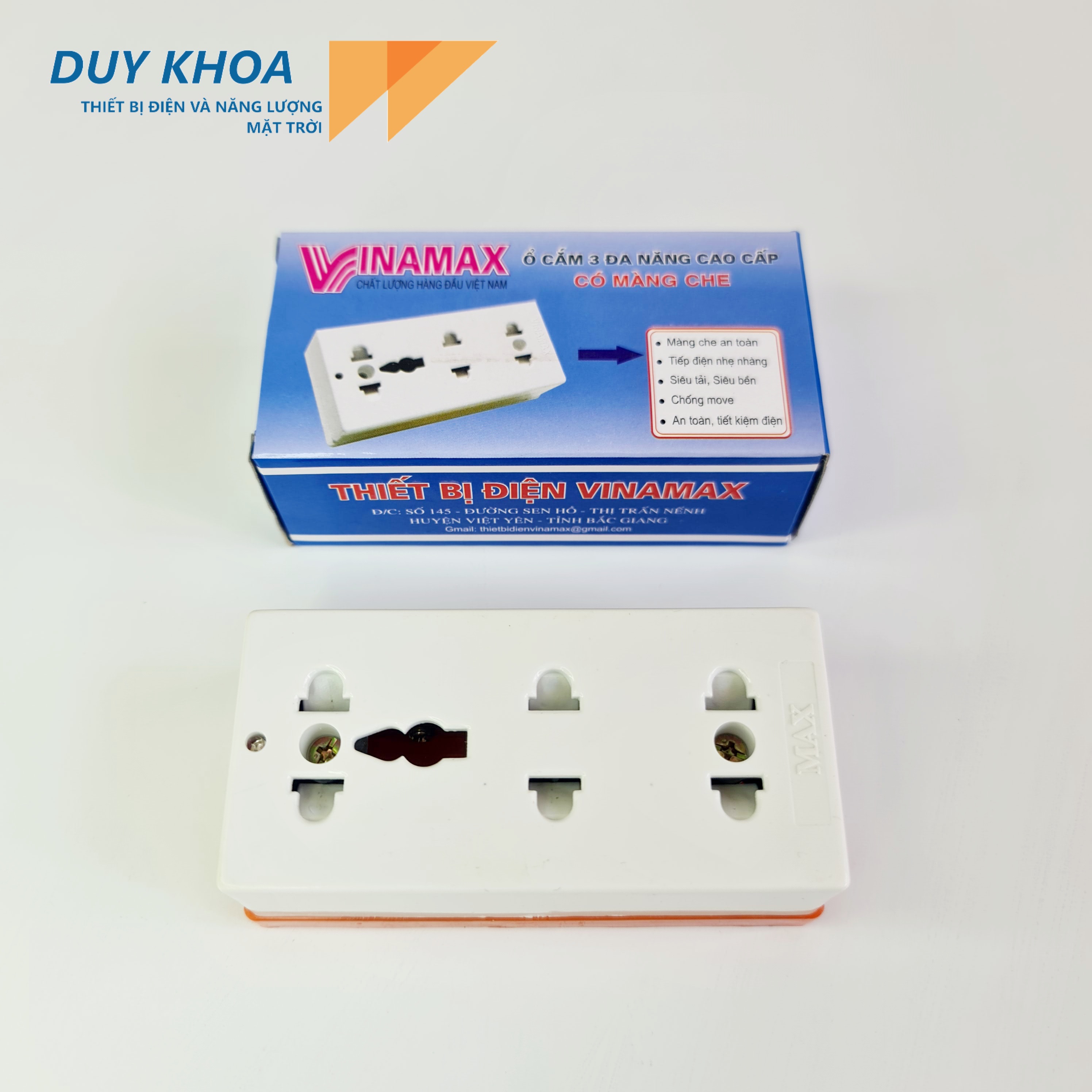 Ổ Cắm Điện 3 Cửa Đa Năng Đế cam Có màng che VINAMAX