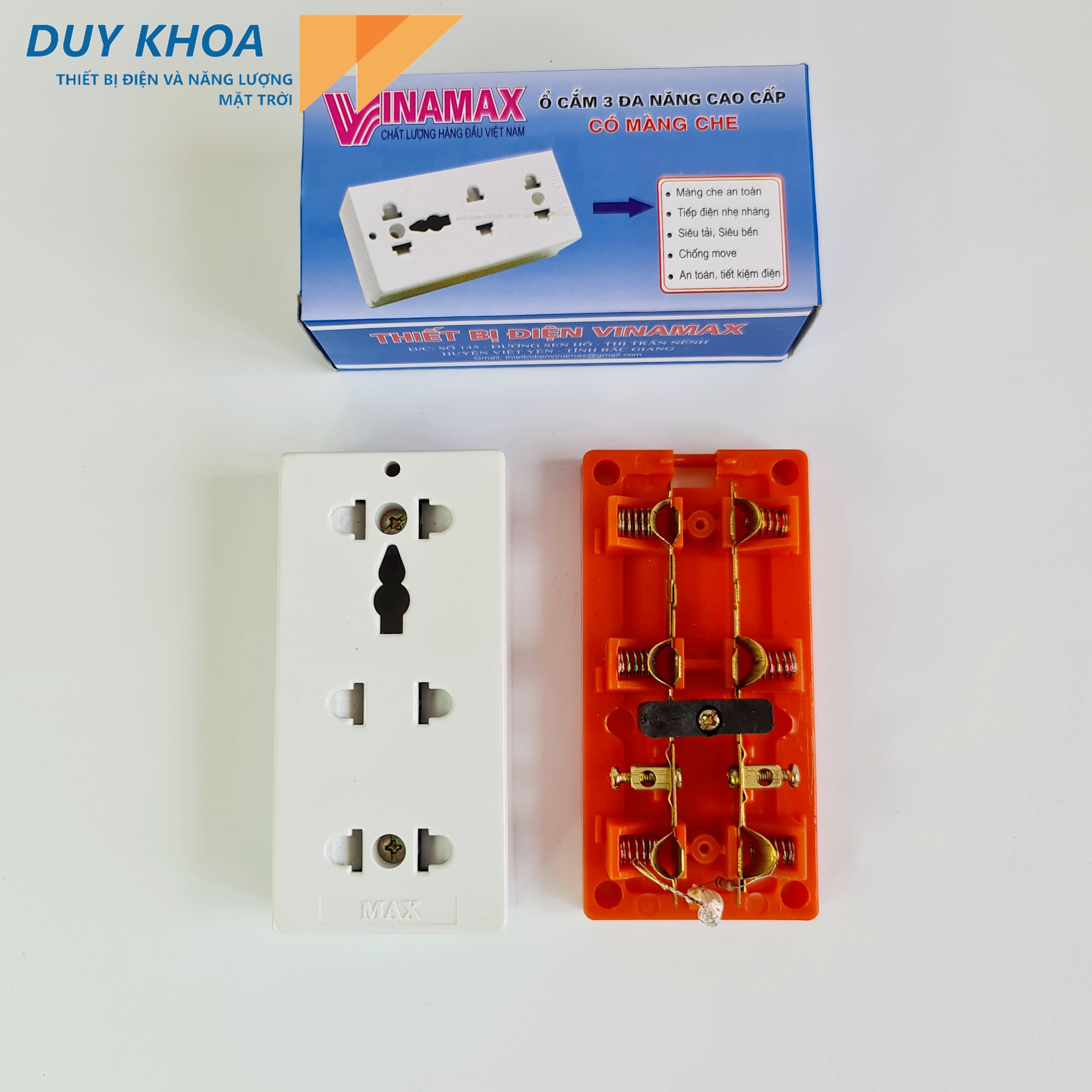 Ổ Cắm Điện 3 Cửa Đa Năng Đế cam Có màng che VINAMAX