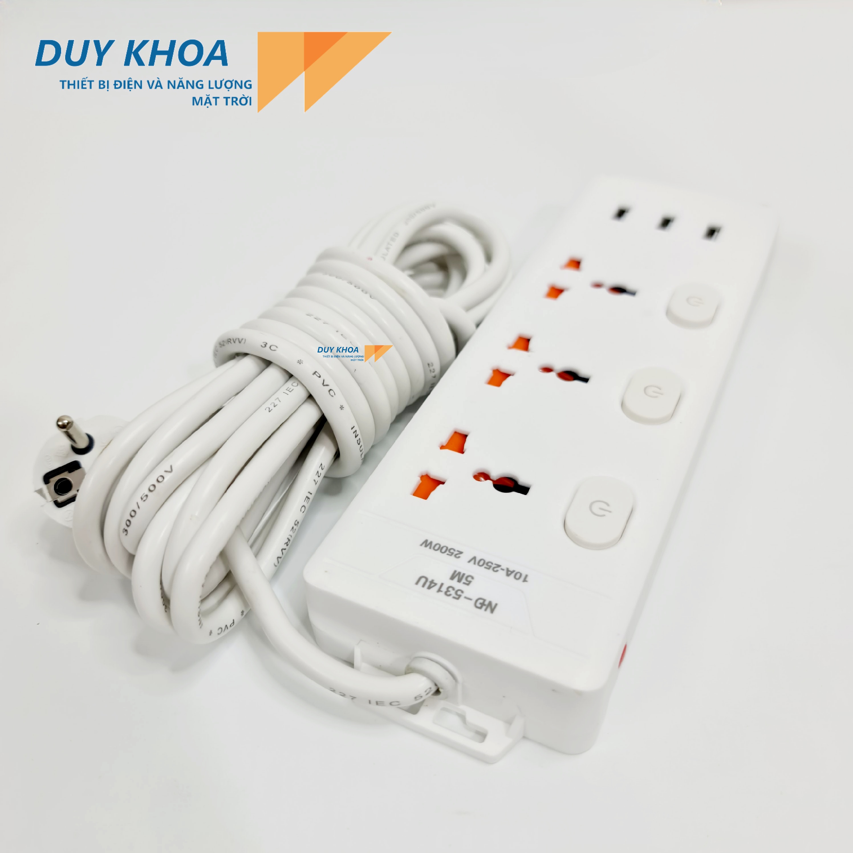 Ổ cắm điện 3 lỗ có màng che + 3 công tắc + 3 Lỗ USB đa năng Dây 5m + Rờ le chống quá tải 10A