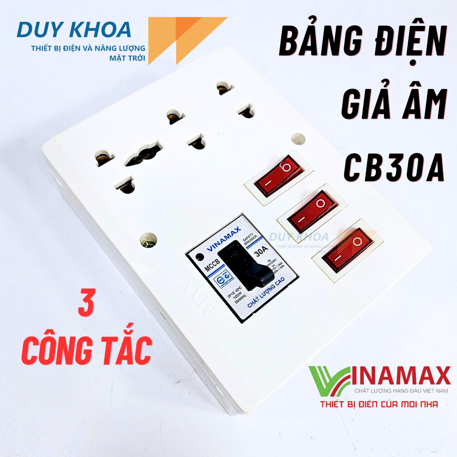 Bảng điện giả âm Vinamax CB30A có ổ cắm điện 3 lỗ và 3 công tắc để đấu tắt mở đèn quạt