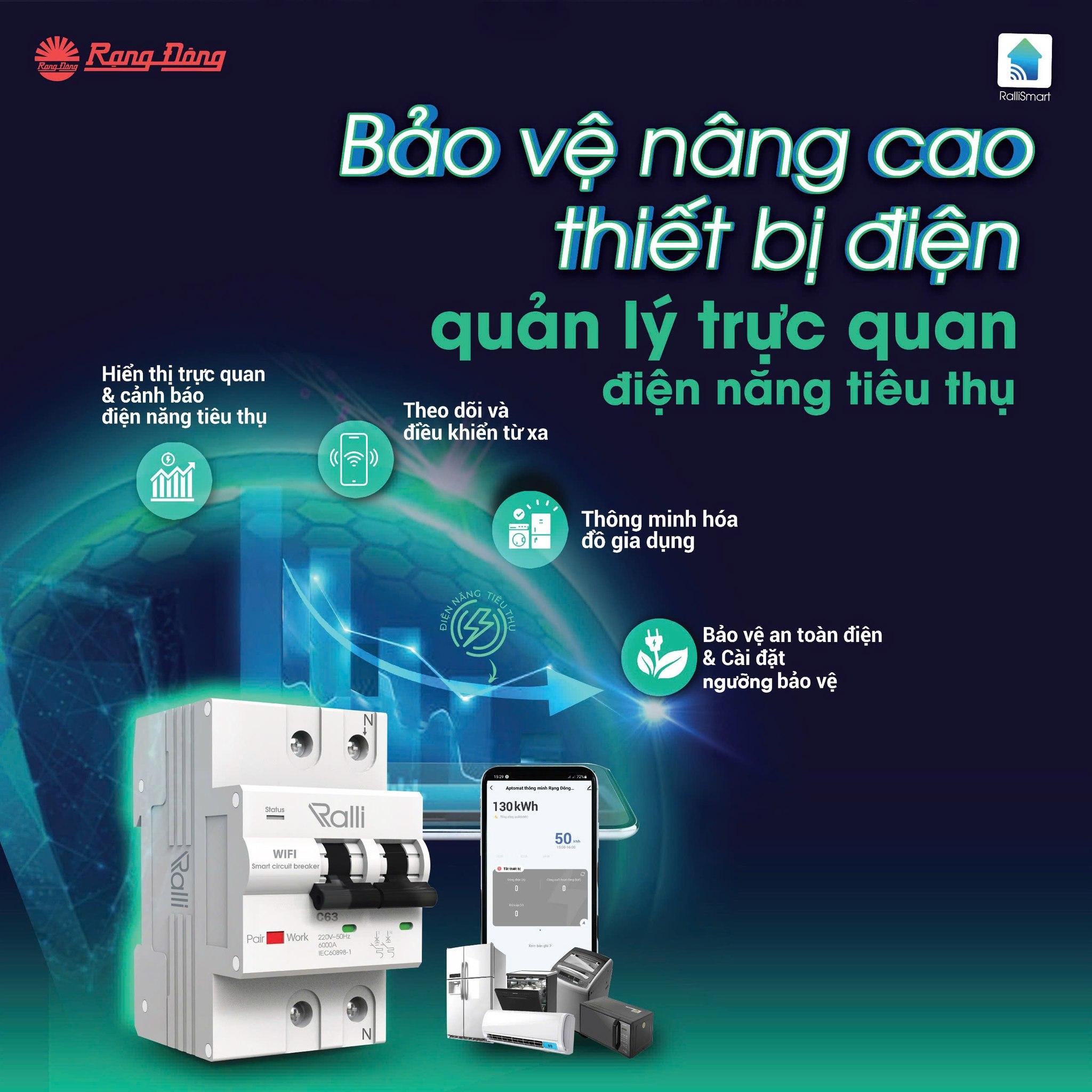 Aptomat WIFI 63A Thông minh Rạng Đông - Điều khiển tắt mở qua điện thoại, theo dõi công suất điện qua điện thoại aptomat  điều từ xa