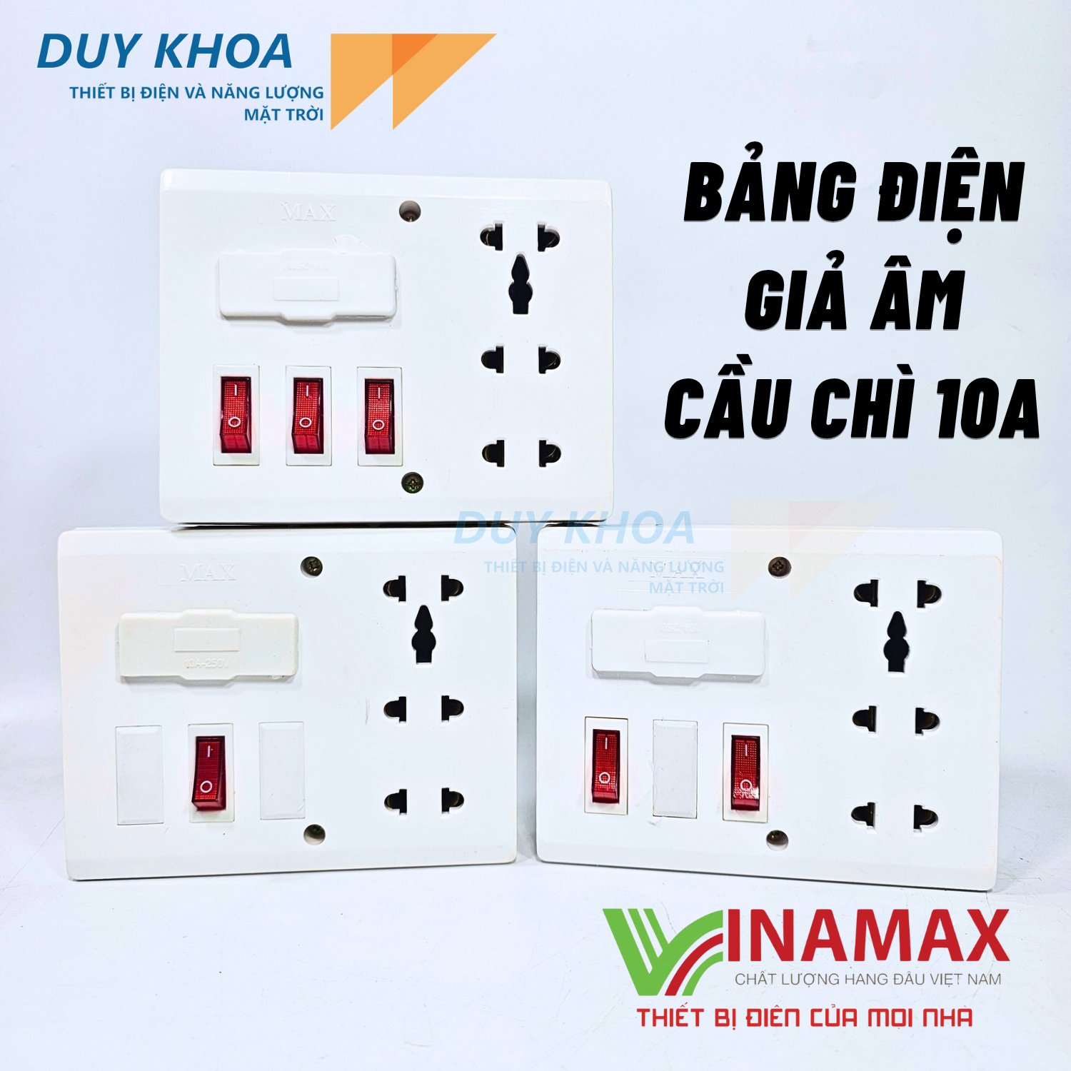 Bảng điện giả âm cầu chì kèm ổ cắm 3 lỗ và công tắc có đèn báo Vinamax