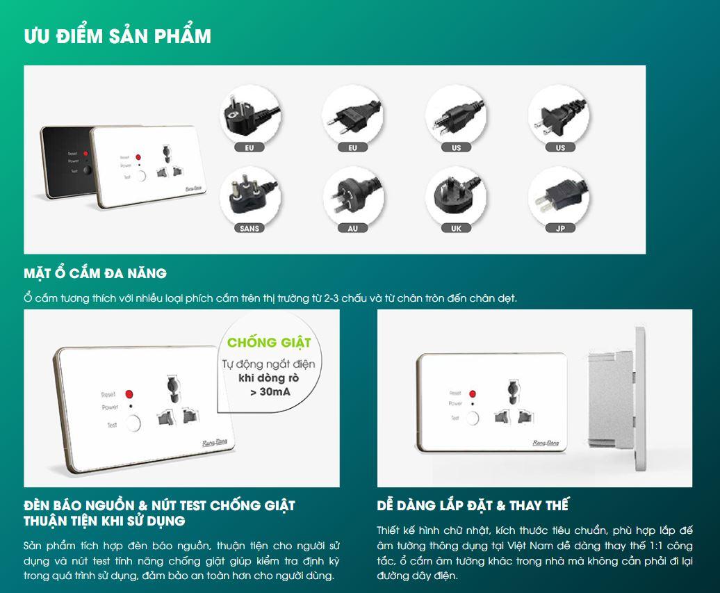 Ổ Cắm Chống Giật Âm Tường Rạng Đông công suất 3000W có dây tiếp địa