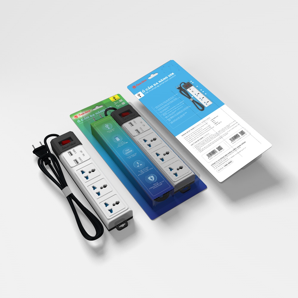 Ổ Cắm Đa Năng 3 ổ cắm có màng che + 2 cổng USB - Rạng Đông