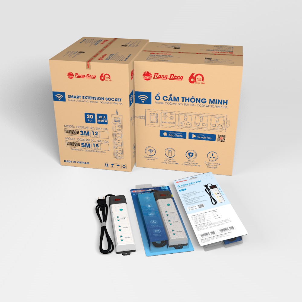 Ổ cắm thông minh Wifi có dây 5m và 3m. Có thể điều khiển Tắt, Mở, Hẹn Giờ Tắt Mở bằng điện thoại qua Wifi - Rạng Đông