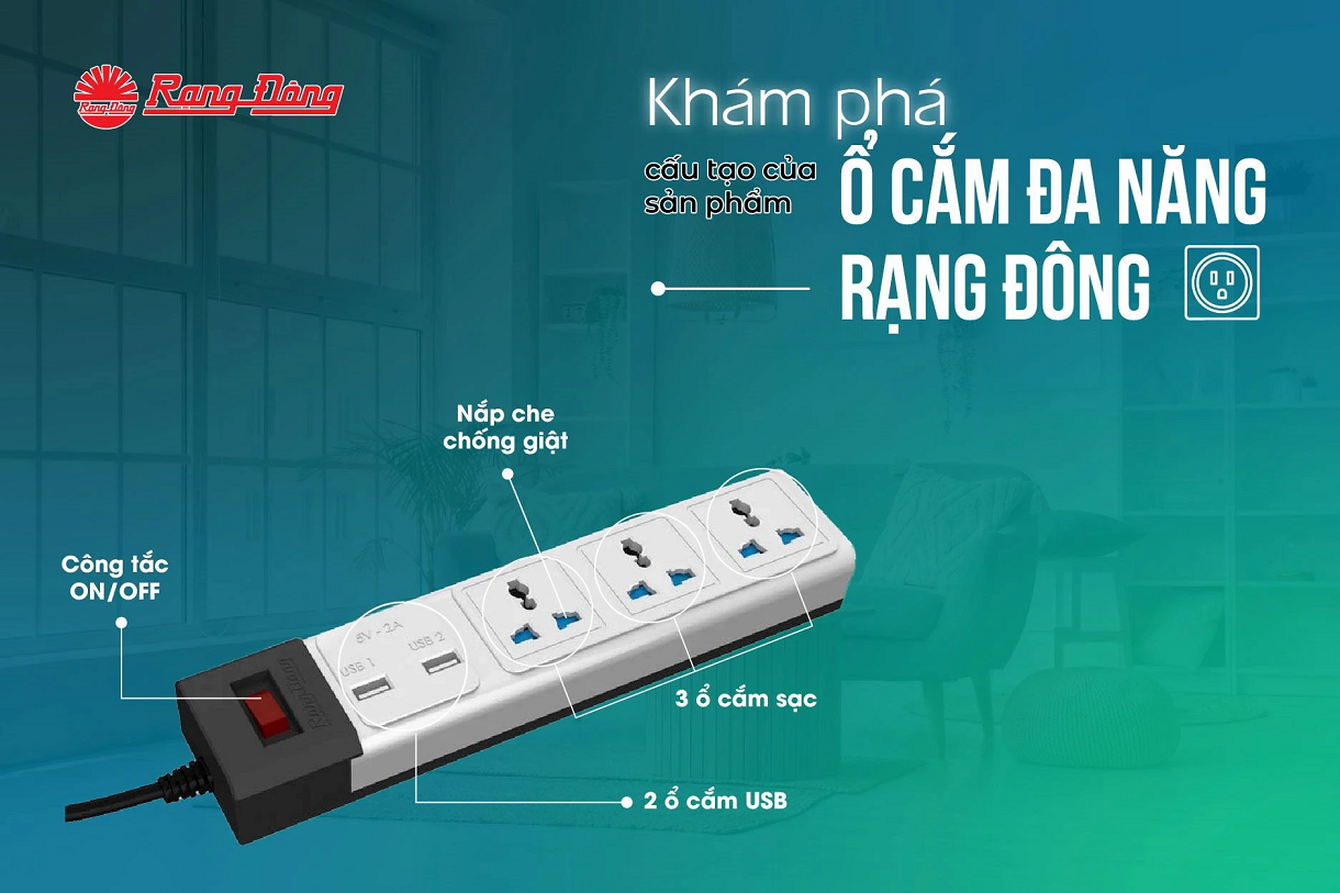 Ổ cắm 3 cửa đa năng có lỗ sạc USB Rạng Đông