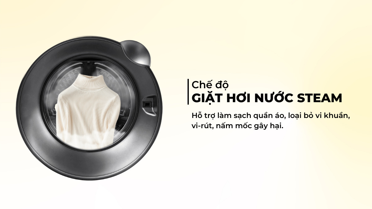 Chế độ giặt hơi nước Steam trên máy giặt Sharp giúp diệt khuẩn quần áo hiệu quả