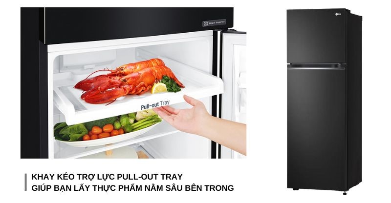 Khay kéo trợ lực Pull-Out Tray trên Tủ lạnh LG Inverter 266 lít GV-B262BL giúp bạn lấy thực phẩm nằm sâu bên trong.