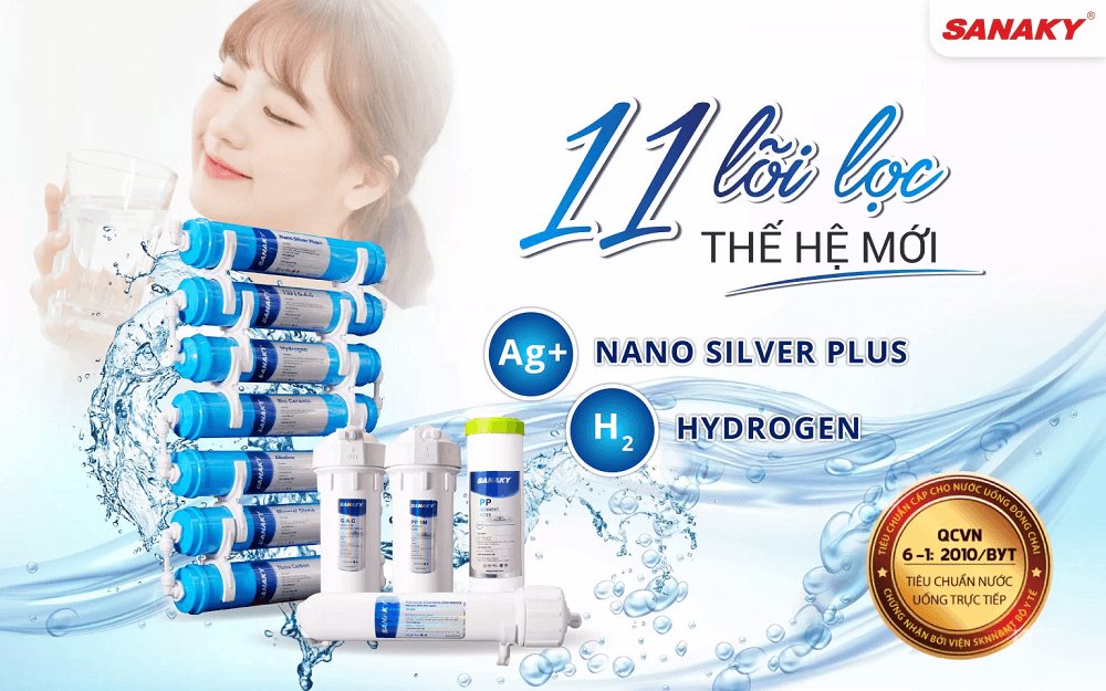 Máy lọc nước Sanaky VH-201HY sở hữu 11 lõi lọc tiên tiến giúp loại bỏ 99,99% vi khuẩn, tạp chất, bổ sung khoáng chất, điện giải cực tốt