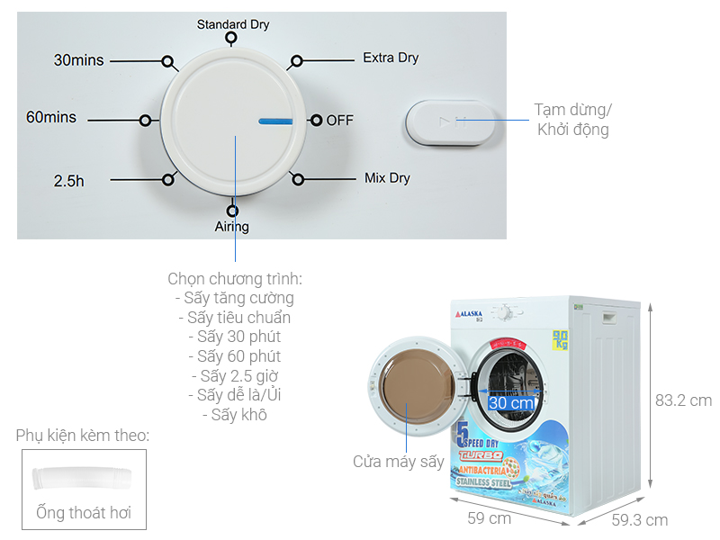 Máy Sấy Quần Áo 9 Kg Alaska S90
