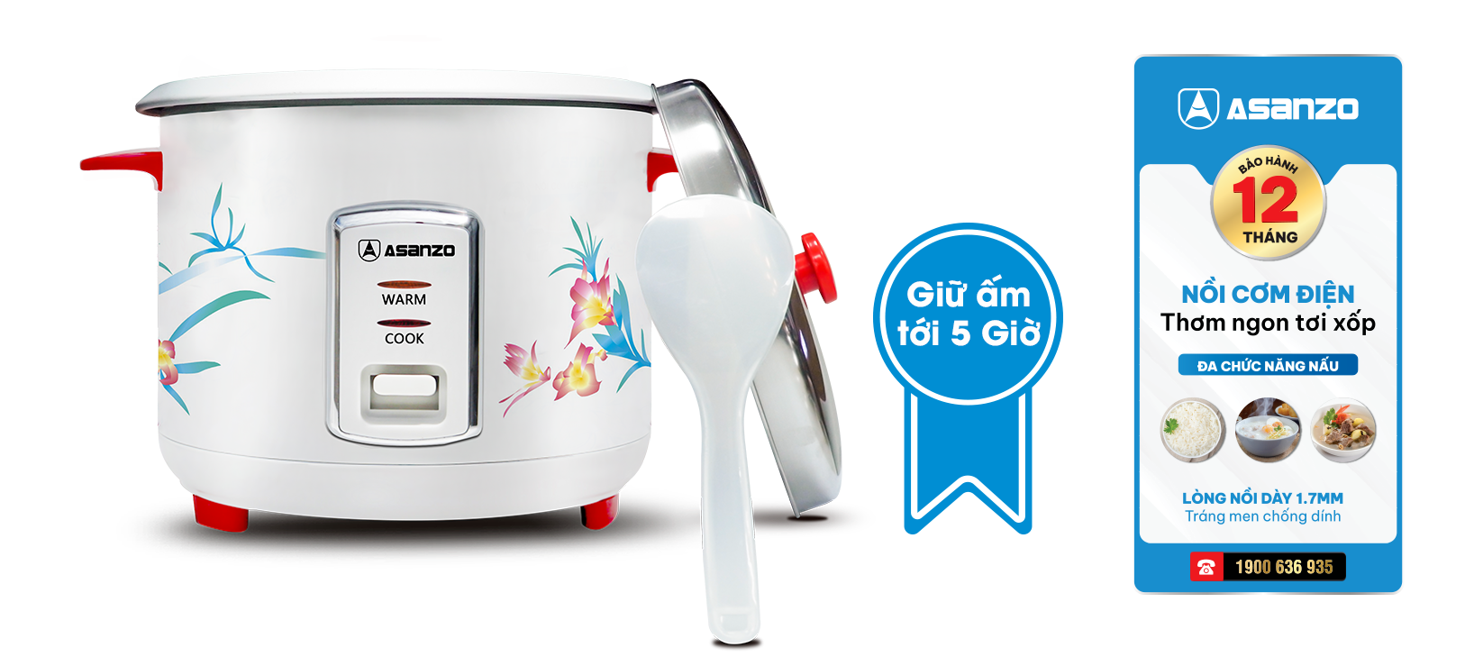 Nồi cơm điện nắp rời Asanzo RC-18WR