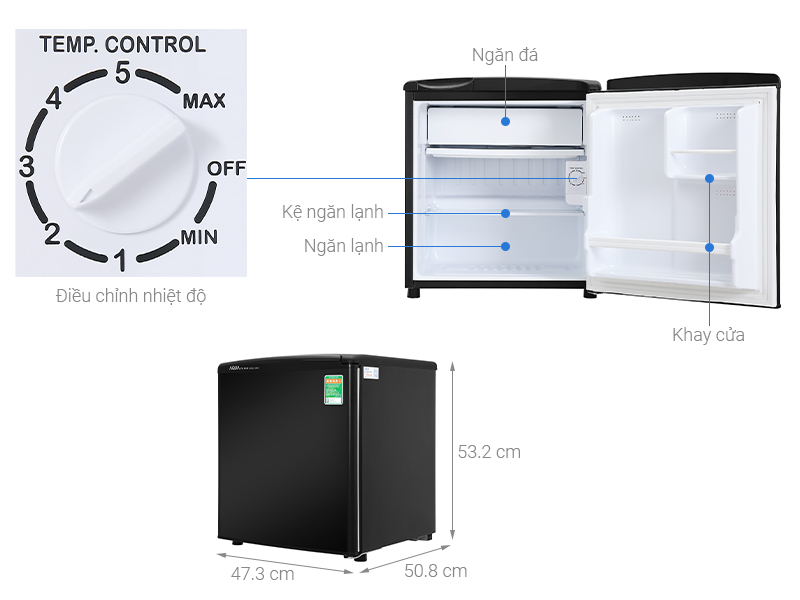 Tủ lạnh Aqua 50 Lít AQR-D59FA (BS) có thiết kế nhỏ gọn phù hợp với không gian trọ sinh viên hoặc văn phòng