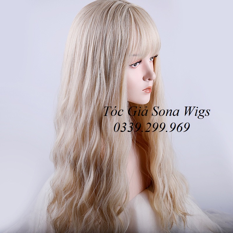 [có sẵn] Tóc Giả Xoăn Dài 65cm Màu Vàng Be