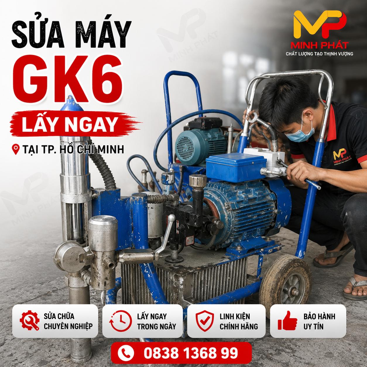 🔧 Máy Phun Bột Thủy Lực GK6 Bị Tụt Áp Sửa Ở Đâu? Địa Chỉ Sửa Uy Tín Tại TP.HCM – Minh Phát