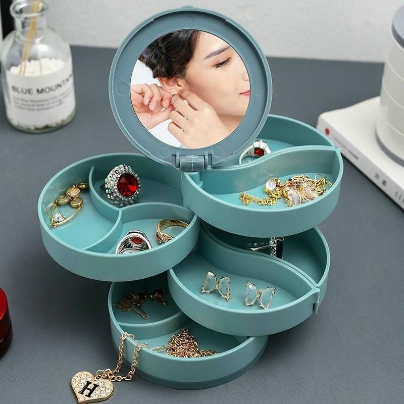 Hộp Đựng Trang Sức Tròn Có Gương 4 Tầng Xoay 360 Độ