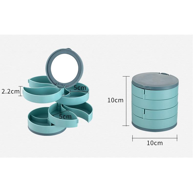 Hộp Đựng Trang Sức Tròn Có Gương 4 Tầng Xoay 360 Độ