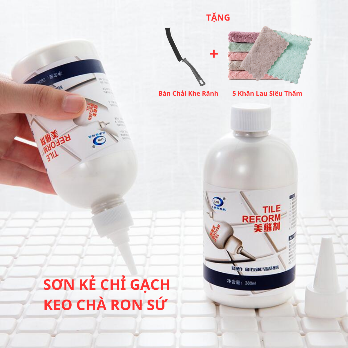 Combo 2 Chai Sơn Kẻ Chỉ Gạch [Tặng 5 Khăn Lau Siêu Thấm + 1 Bàn Chải Vệ Sinh Khe Rãnh]