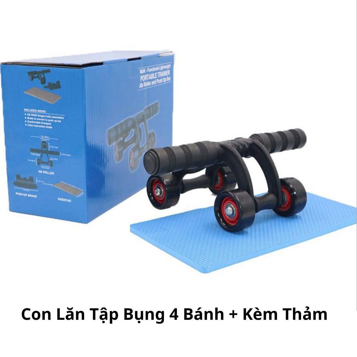 Con Lăn Tập Bụng 4 Bánh Có Thảm Lót Tập Cơ Bụng, Cơ Tay, Cơ Lưng, Tập Gym Tại Nhà