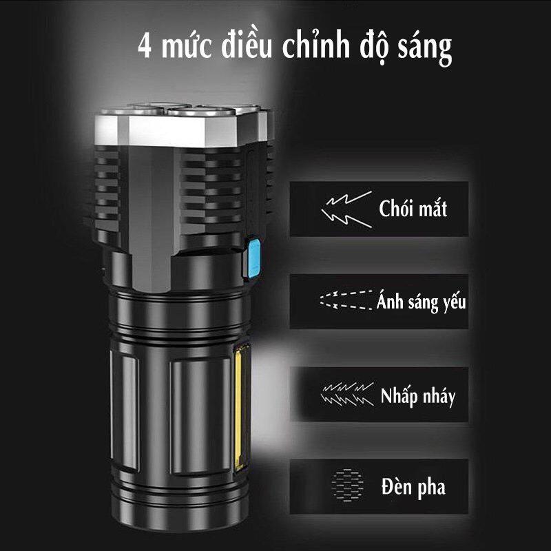 Đèn Pin Cầm Tay 4 Bóng Siêu Sáng Siêu Chiếu Xa, Nhiều Chế Độ, Có Đèn Led Hông