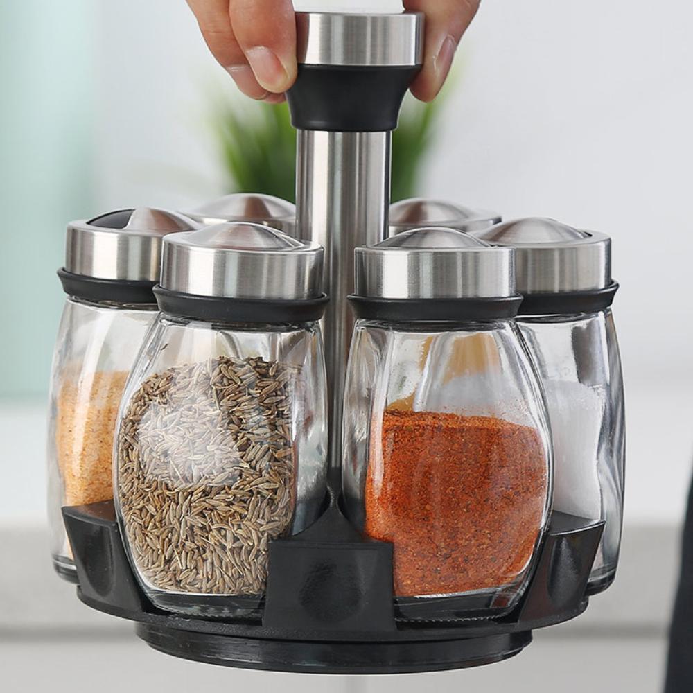 Bộ 6 Hũ Đựng Gia Vị Thủy Tinh Kèm Giá Xoay 360 Độ