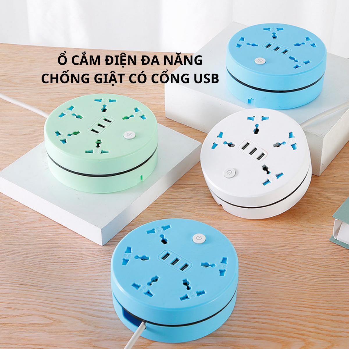 Ổ Cắm Điện Đa Năng Chống Giật Có 3 Lỗ USB Sạc Được Điện Thoại Dây Dài 2M