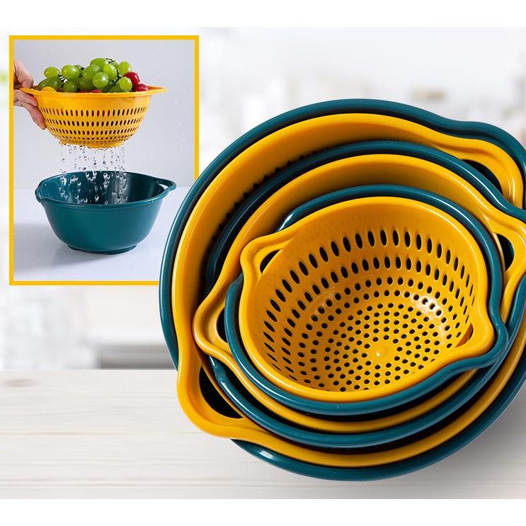 Bộ Thau Rổ 6 Món Nhựa Nhà Bếp Đựng Rửa Rau Củ Quả Hình Chữ Nhật Hình Tròn