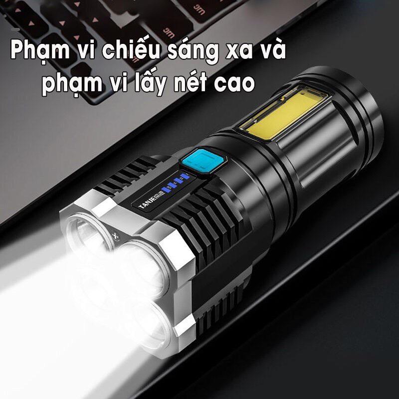 Đèn Pin Cầm Tay 4 Bóng Siêu Sáng Siêu Chiếu Xa, Nhiều Chế Độ, Có Đèn Led Hông
