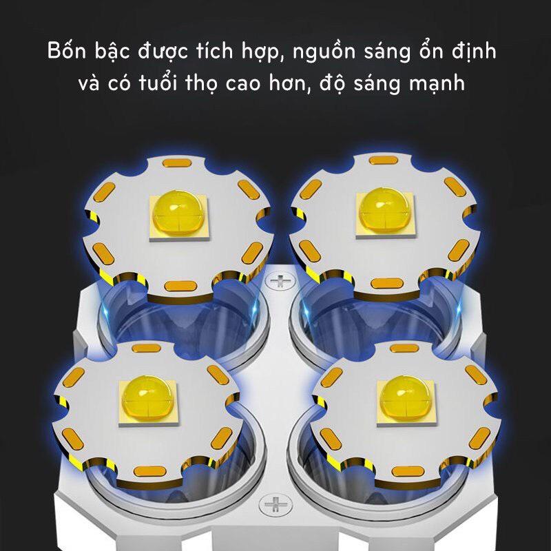 Đèn Pin Cầm Tay 4 Bóng Siêu Sáng Siêu Chiếu Xa, Nhiều Chế Độ, Có Đèn Led Hông