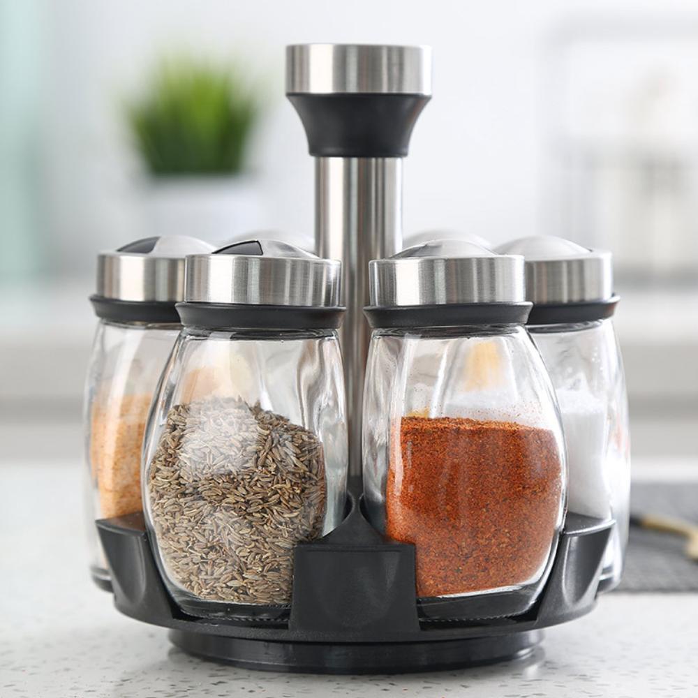 Bộ 6 Hũ Đựng Gia Vị Thủy Tinh Kèm Giá Xoay 360 Độ
