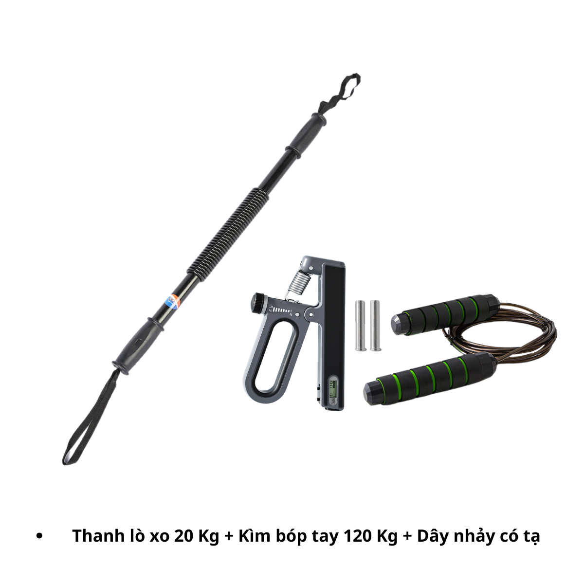 Combo Lò xo 20 Kg + Kìm bóp tay 120 Kg + Dây nhảy có tạ