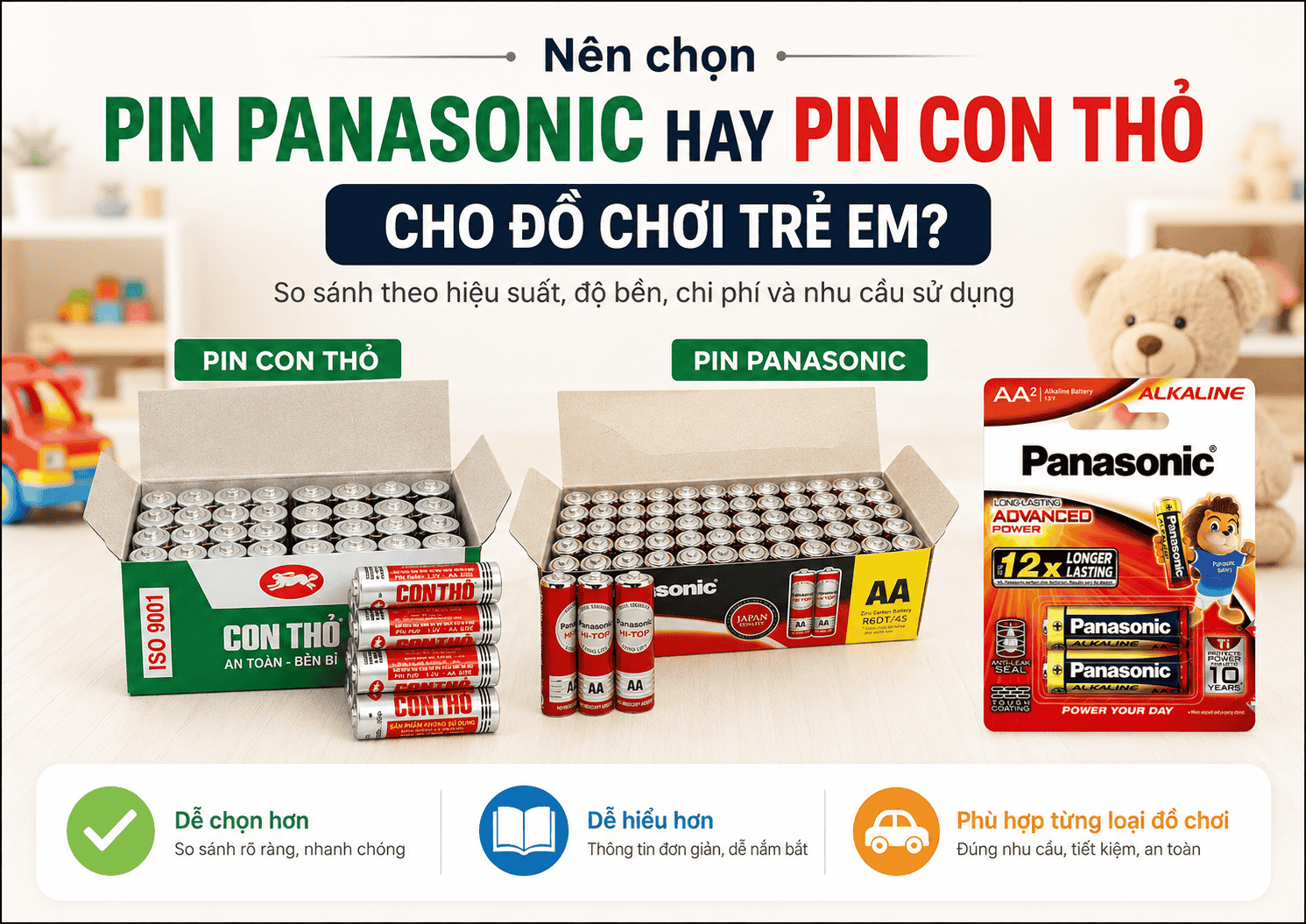Nên chọn pin Panasonic hay Pin Con Thỏ cho đồ chơi trẻ em?