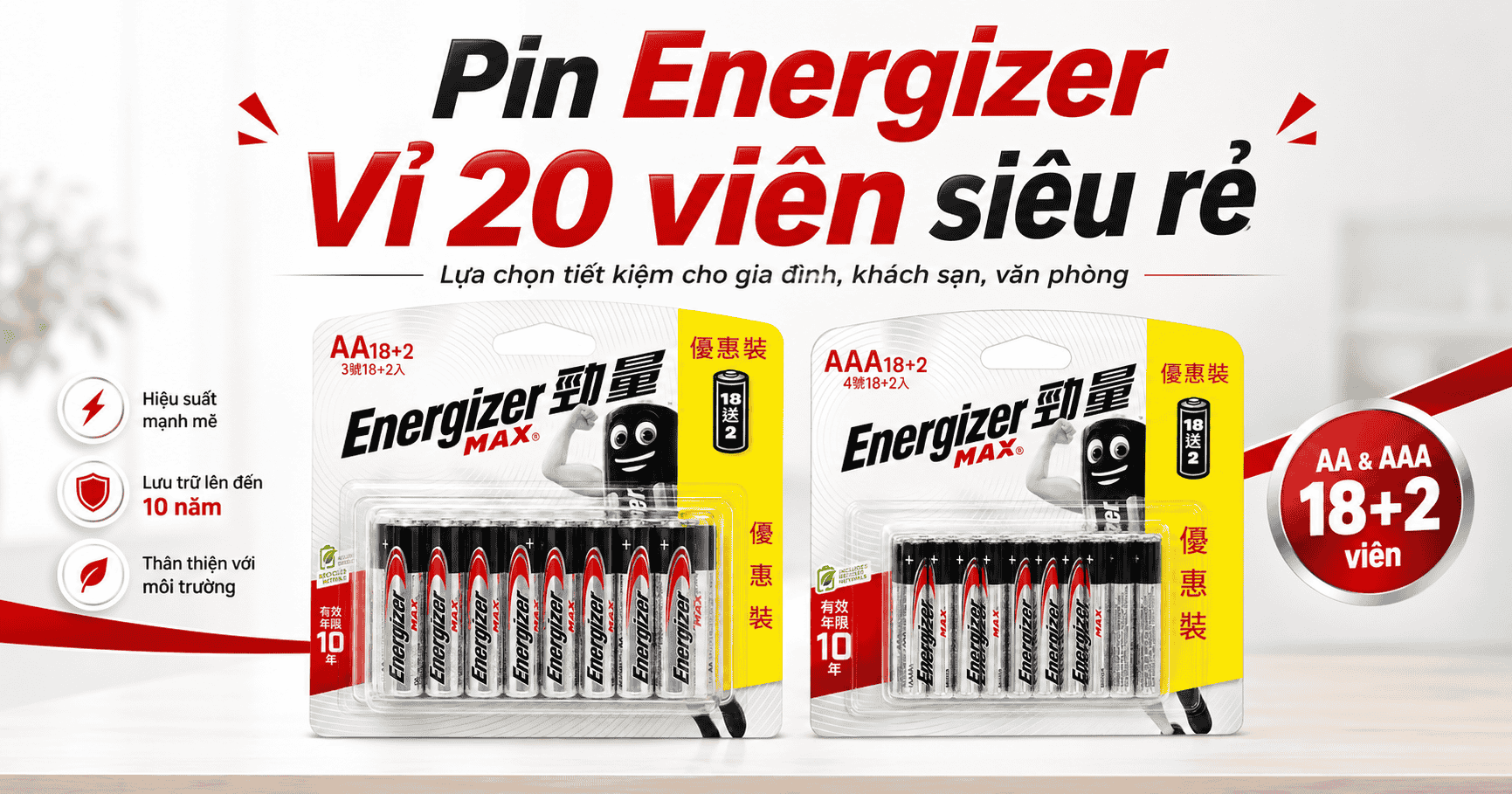 Pin Energizer Max AA, AAA Vỉ 20 Viên: Lựa Chọn Tiết Kiệm Cho Gia Đình, Khách Sạn, Doanh Nghiệp