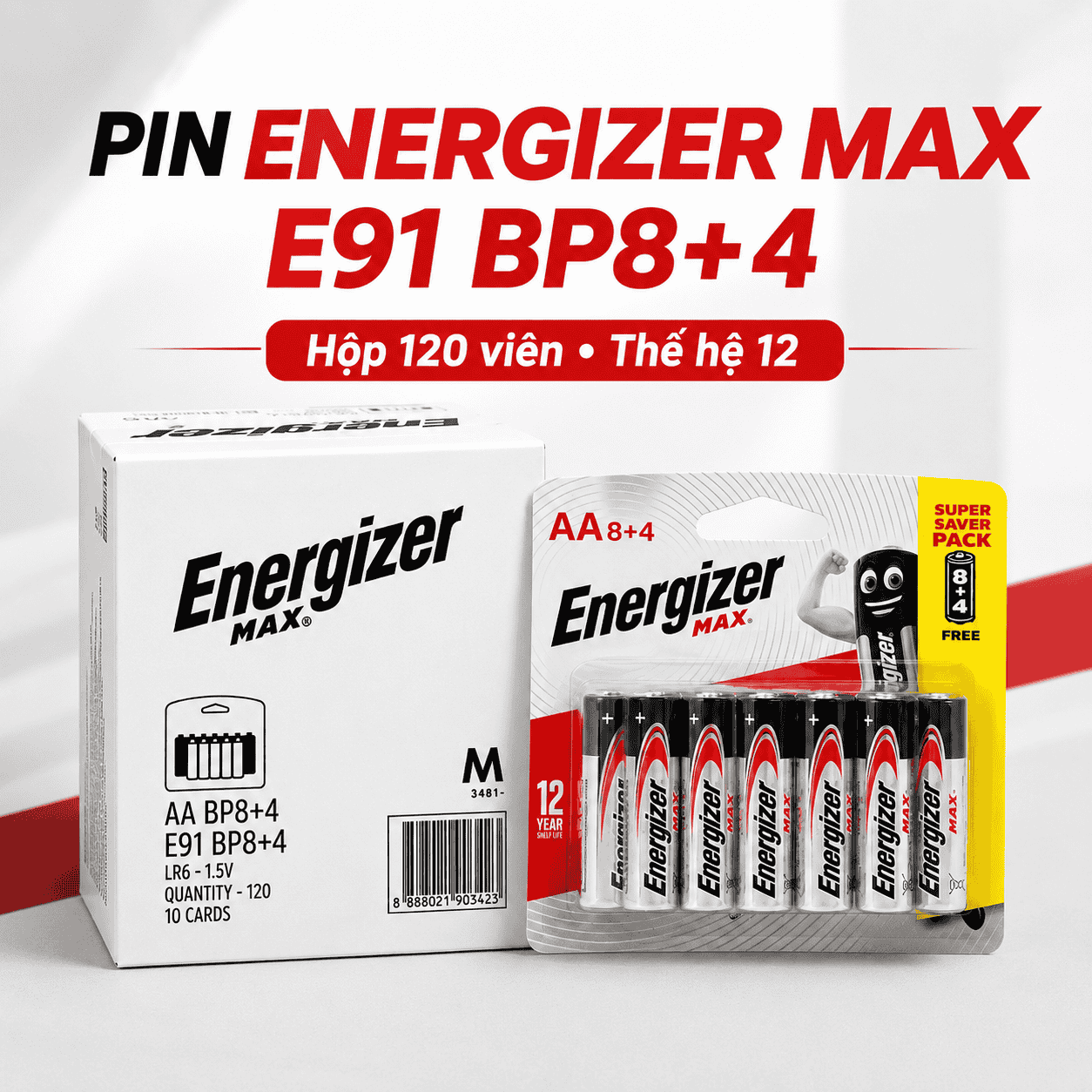 Energizer Max E91, E92 BP8+4 Vỉ 12 Viên Nâng Cấp Thế Hệ 12