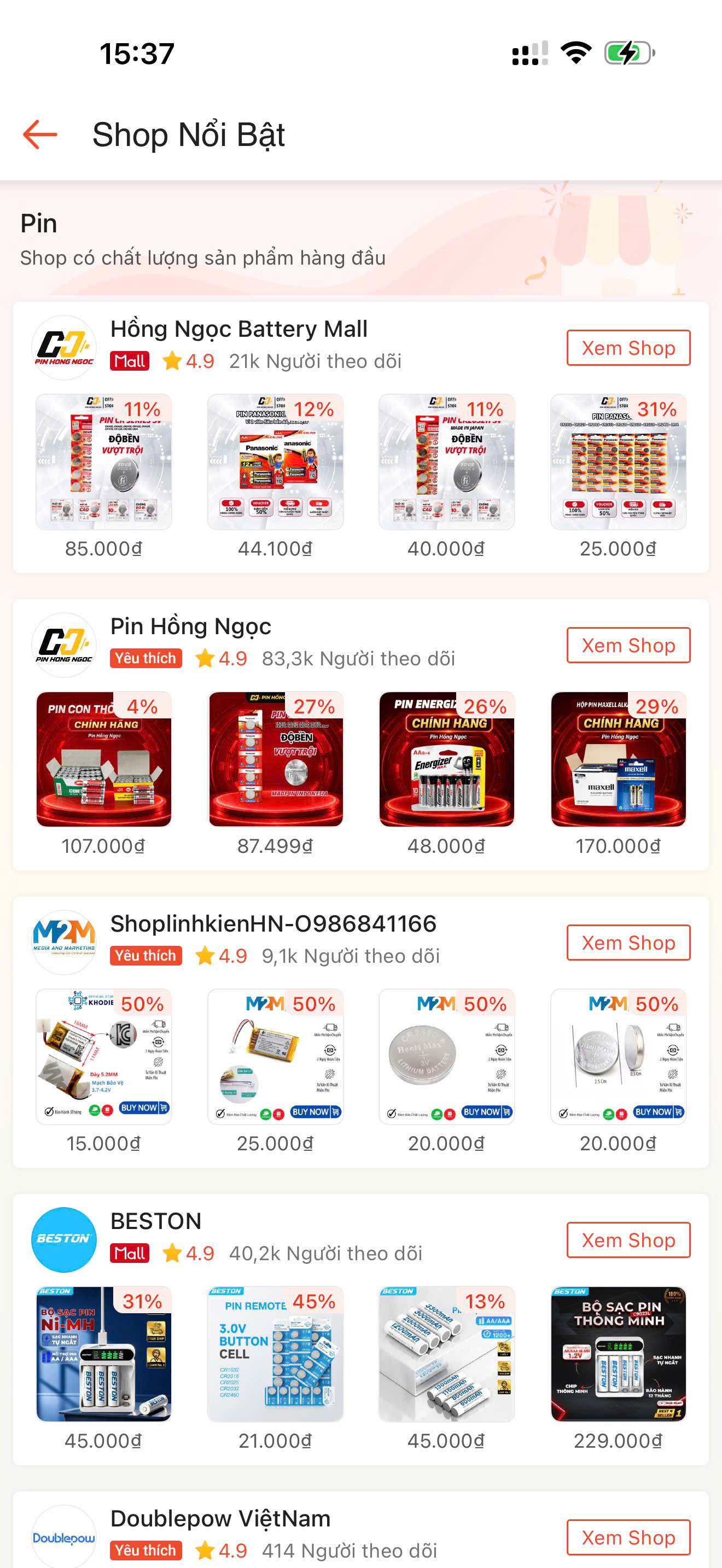 Hồng Ngọc Battery Mall và Pin Hồng Ngọc trong mục Shop Nổi Bật ngành Pin trên Shopee năm 2026