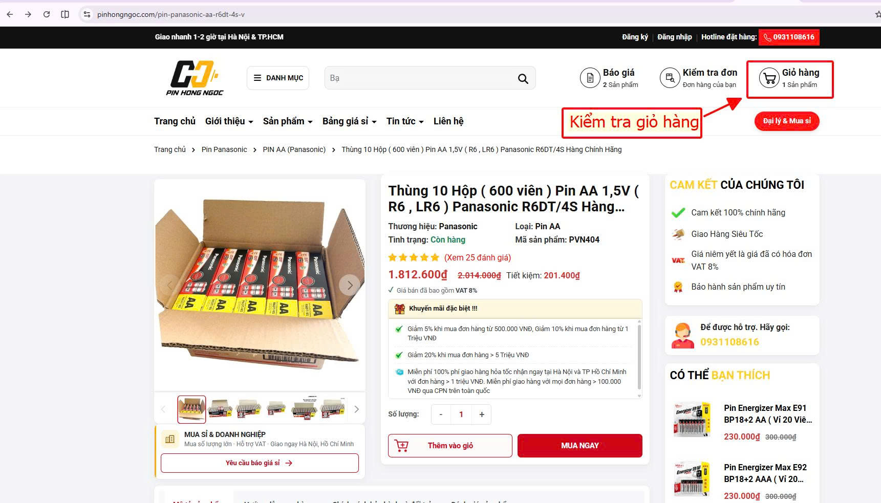 Kiểm tra giỏ hàng trước khi mua pin lấy hóa đơn công ty tại Pin Hồng Ngọc