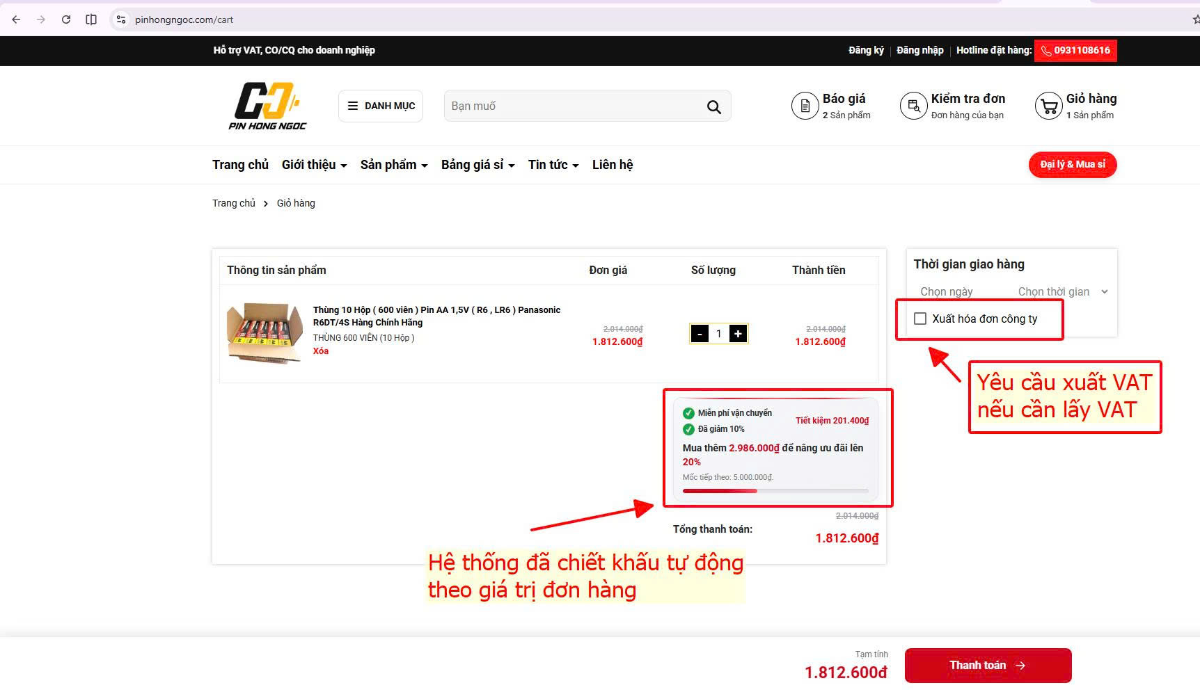 Tích Xuất hóa đơn công ty khi mua pin trên website Pin Hồng Ngọc