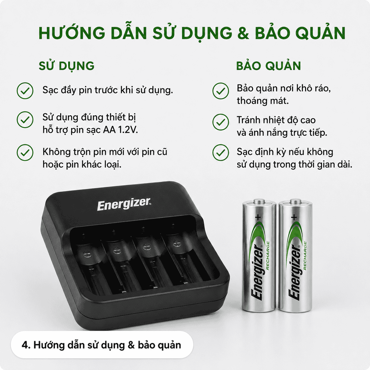 Hướng dẫn sử dụng và bảo quản pin sạc Energizer AA 2000mAh