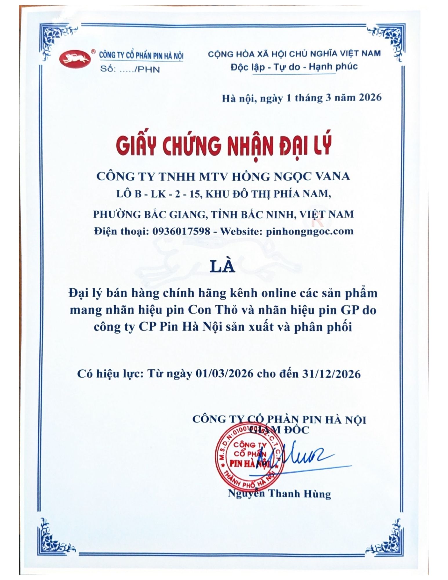 Chứng nhận pin Con Thỏ