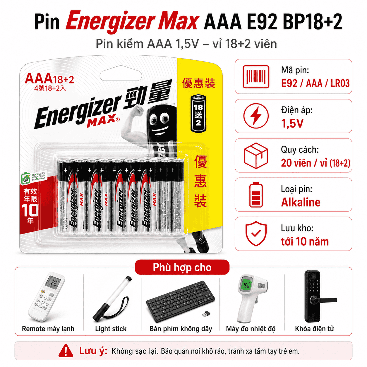 Pin Energizer Max AAA dùng cho remote TV remote máy lạnh chuột không dây bàn phím mini đồ chơi và đèn pin mini