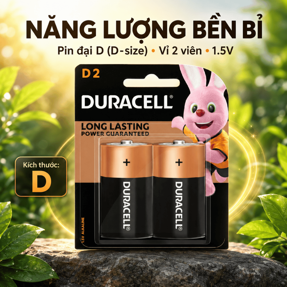 Pin đại D Duracell 1.5V vỉ 2 viên chính hãng dùng cho đèn pin, radio và thiết bị tải cao