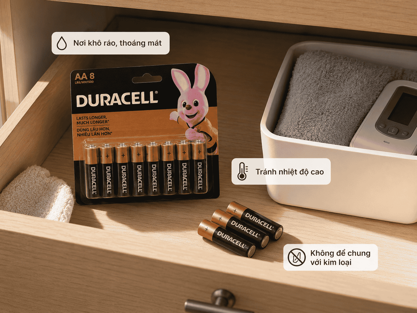 Hướng dẫn bảo quản pin Duracell AA nơi khô ráo thoáng mát tránh nhiệt độ cao