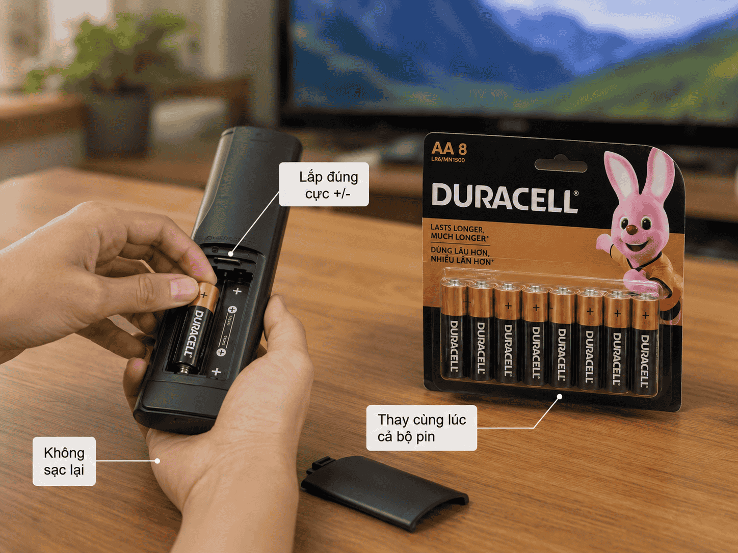 Hướng dẫn lắp pin Duracell AA đúng cực dương âm và thay cùng lúc cả bộ pin